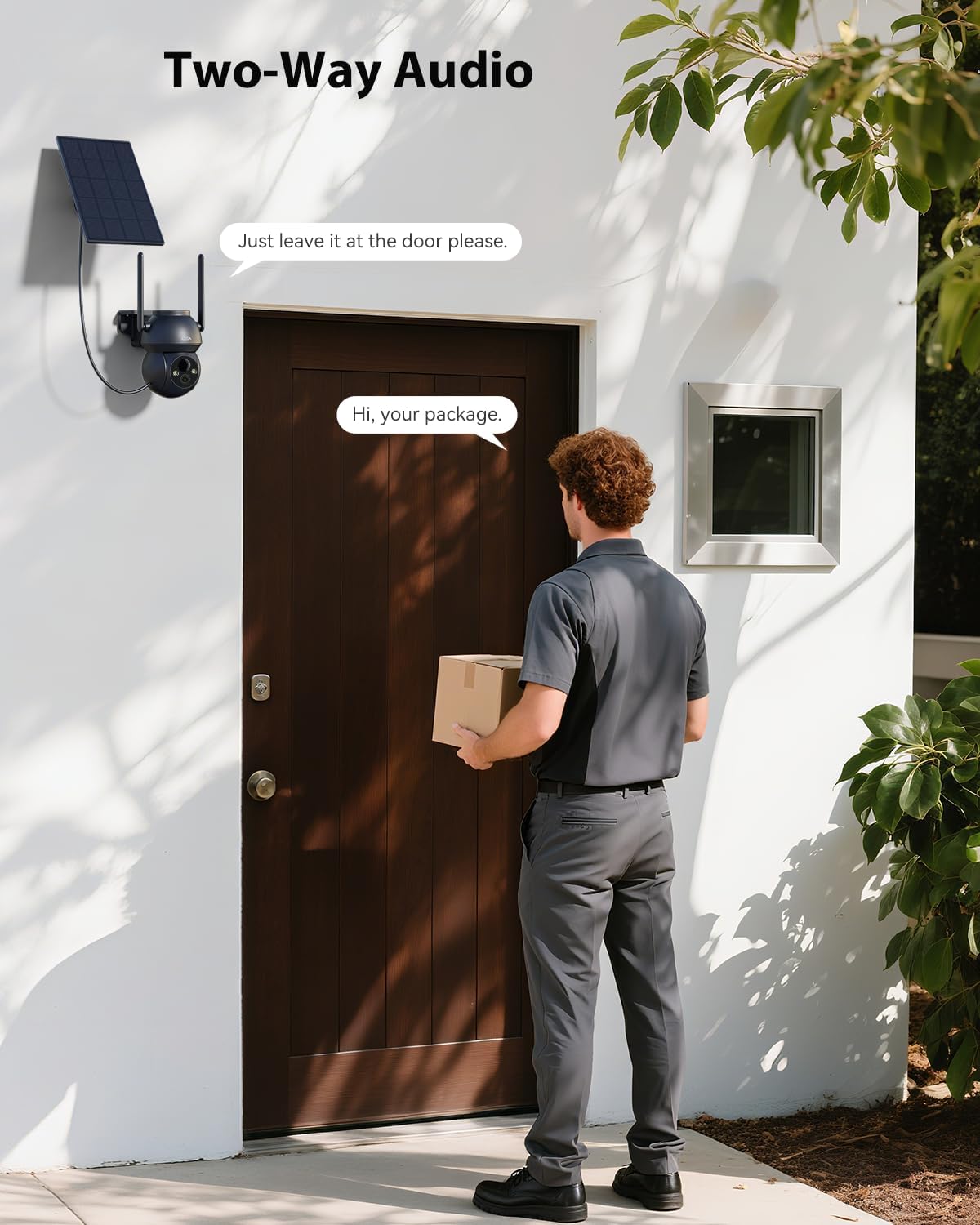Xega solar-powered security camera with two-way audio mounted on wall, communicating with delivery person at the door.