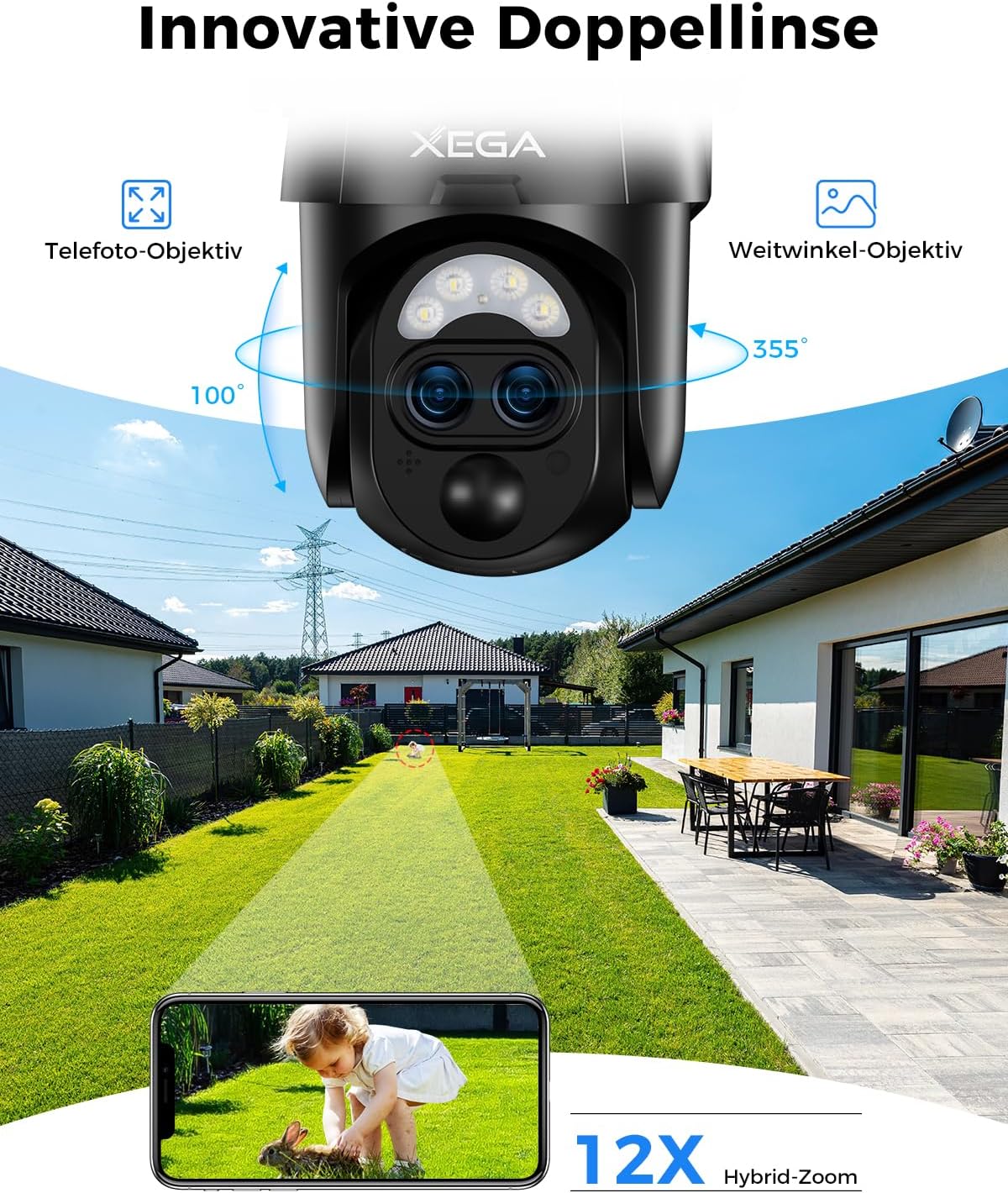Xega dual-lens outdoor camera: 12x zoom, 100/355° views. Shows backyard & child/rabbit on phone.