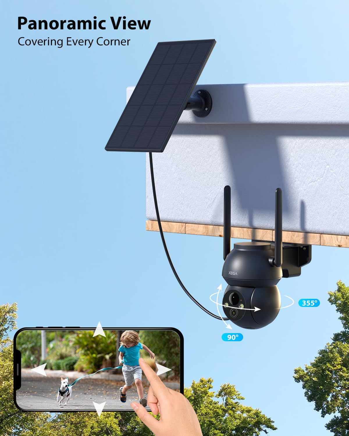 Xega Solar-Kamera: 355° horizontal, 90° vertikal. Live-Ansicht: Junge mit Hund auf Handy.