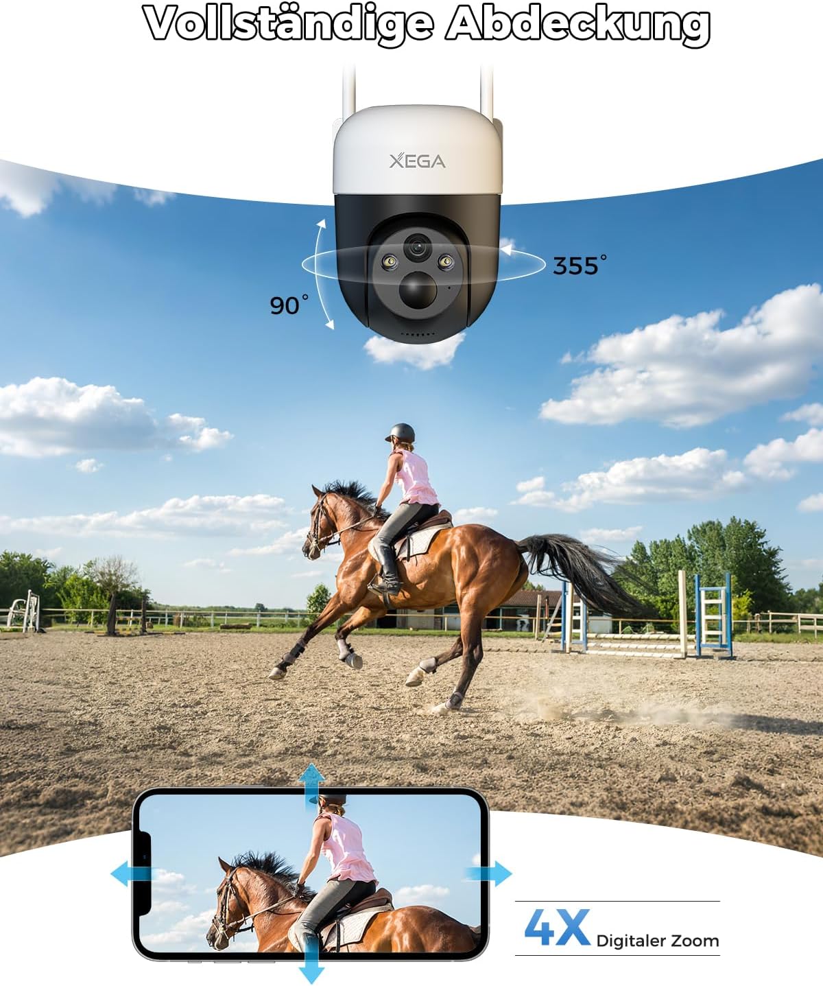Xega 4G LTE Überwachungskamera mit 355° Schwenk, 90° Neigung und 4x Digitalzoom in Aktion bei Pferderennen.