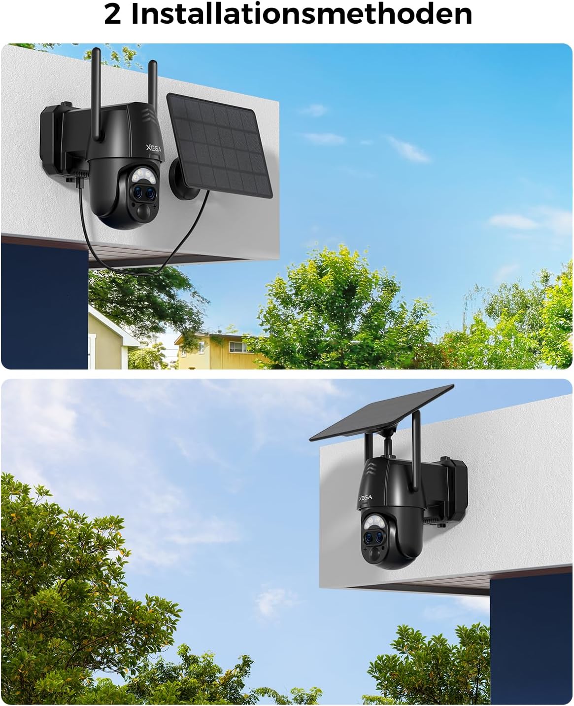 Xega 2K WIFI outdoor solar camera with dual lens, shown mounted on a wall with solar panel.