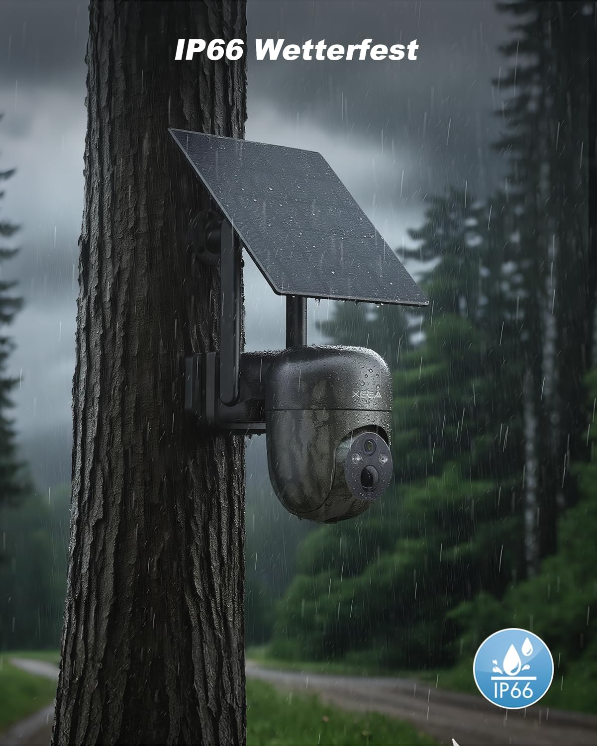 Tarnfarbene Xega 4G Solar Wildkamera, IP66 wetterfest, montiert an nassem Baum im Regen. Ideal für robuste Außenüberwachung.