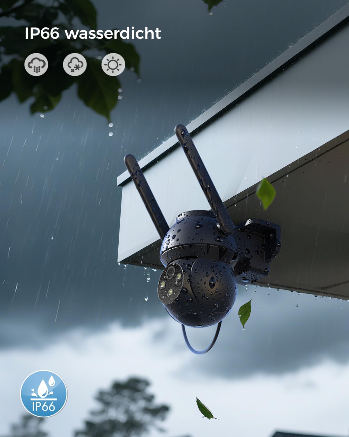 Black outdoor security camera with dual antennas, showing IP66 waterproof rating in rain.