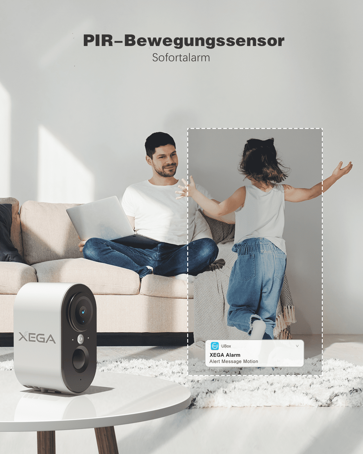Xega 4G LTE indoor camera with PIR motion sensor, showing a father watching his child play, with a phone notification alert.