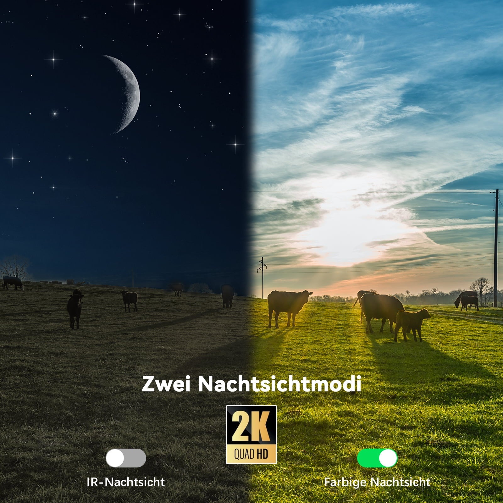 Xega 4G LTE Überwachungskamera mit zwei Nachtsichtmodi: IR-Nachtsicht und farbige Nachtsicht in 2K HD.