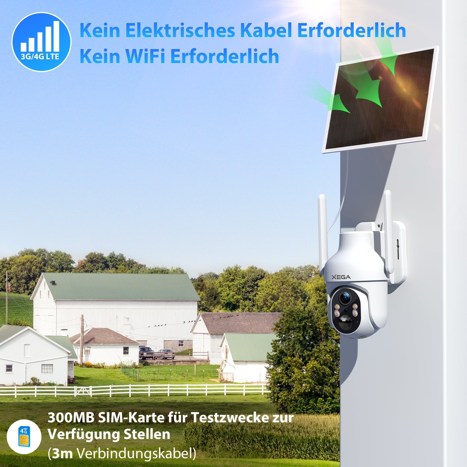 Xega 4G Überwachungskamera mit Solarpanel, kein Stromkabel & WiFi nötig. 300MB SIM-Karte enthalten.