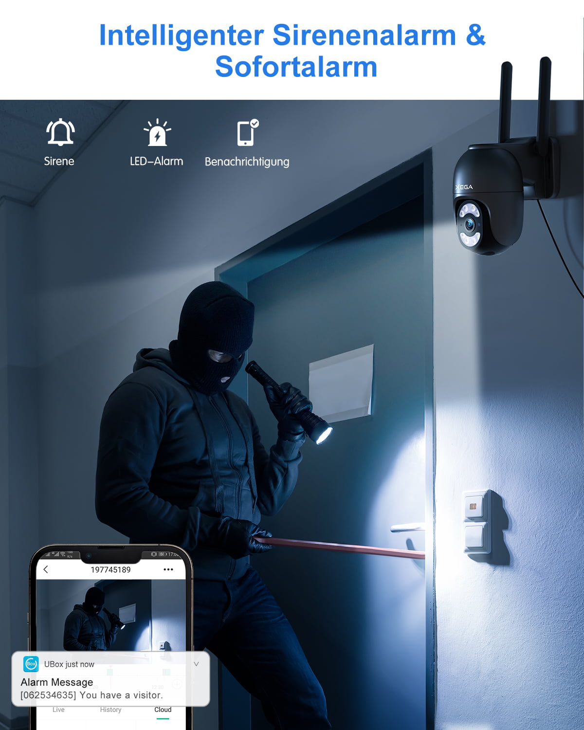 Xega 4G Überwachungskamera mit Sirenenalarm, LED-Alarm und Benachrichtigungsfunktion, zeigt Einbrecher bei Nacht.