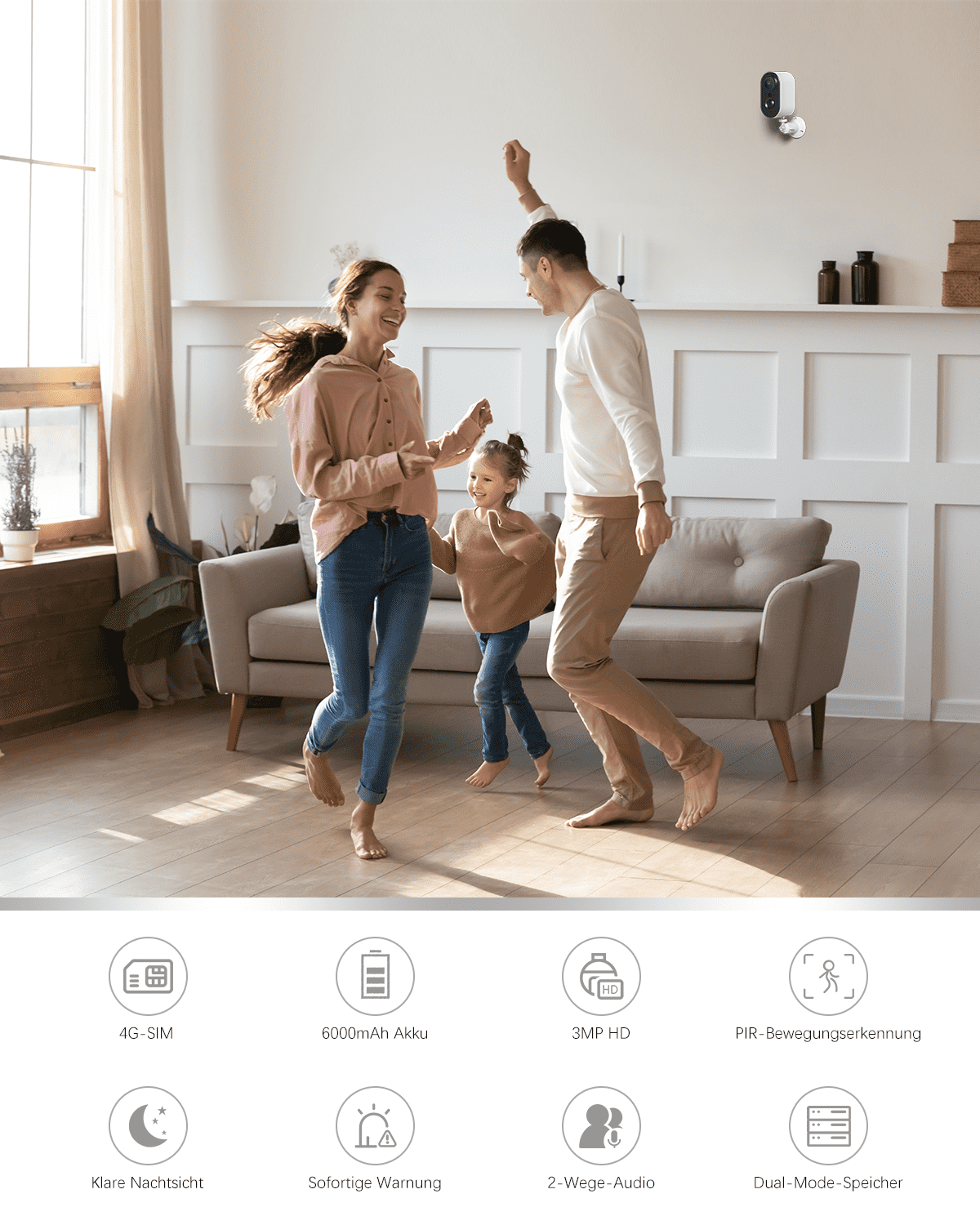 Xega 4G LTE Innen Kamera mit 3MP HD, Nachtsicht und 2-Wege-Audio, montiert an der Wand.
