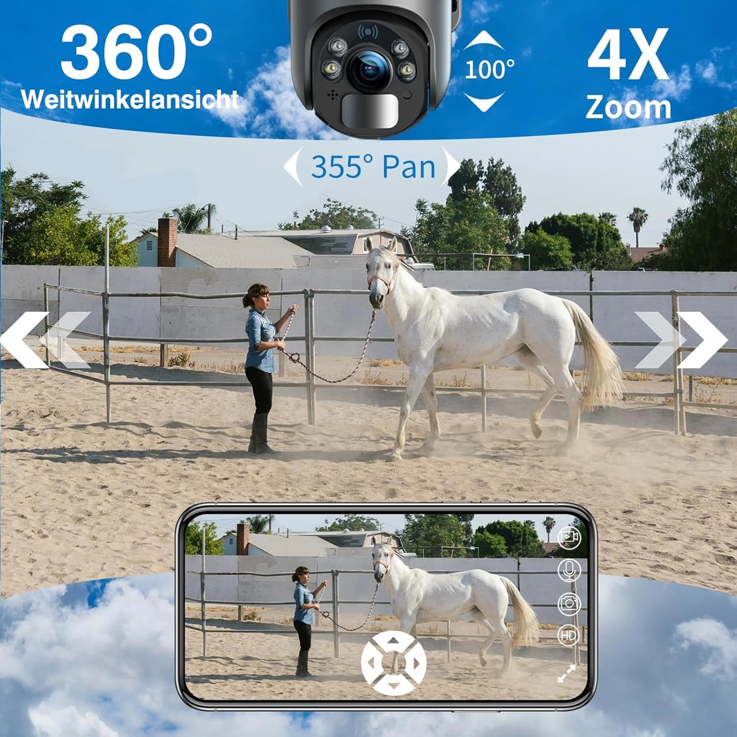 Xega 4G LTE Solar-Überwachungskamera mit 355° Schwenken, 95° Neigen, 4x Zoom. Live-Ansicht Frau & Pferd in App.