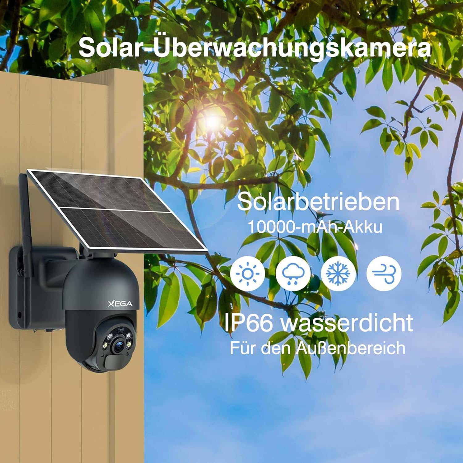 Xega 4G LTE Solar-Außenkamera, mattschwarz mit Solarpanel am Zaun, IP66 wetterfest zur Überwachung.