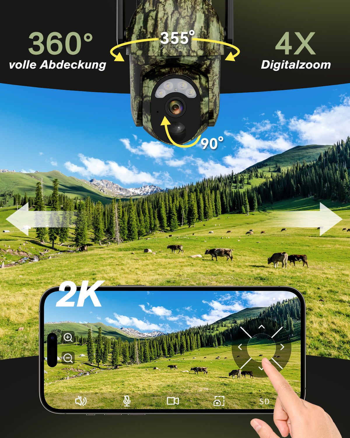 Xega 4G LTE Wildkamera: 360° Abdeckung, 4x Zoom, 2K Auflösung, App-gesteuert.