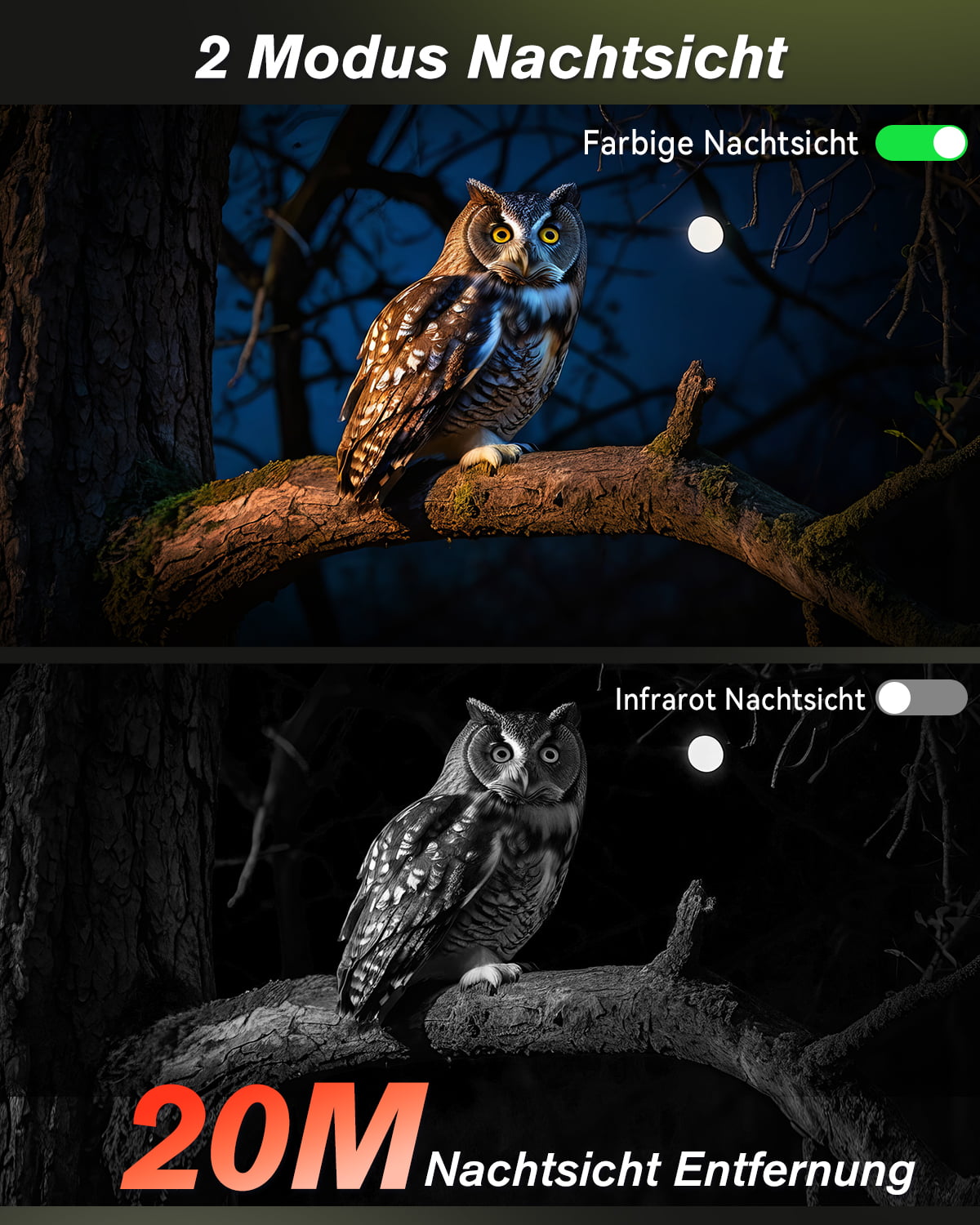 Xega 4G LTE wild camera shows 2 night vision modes: full color and infrared, with 20m night vision distance.
