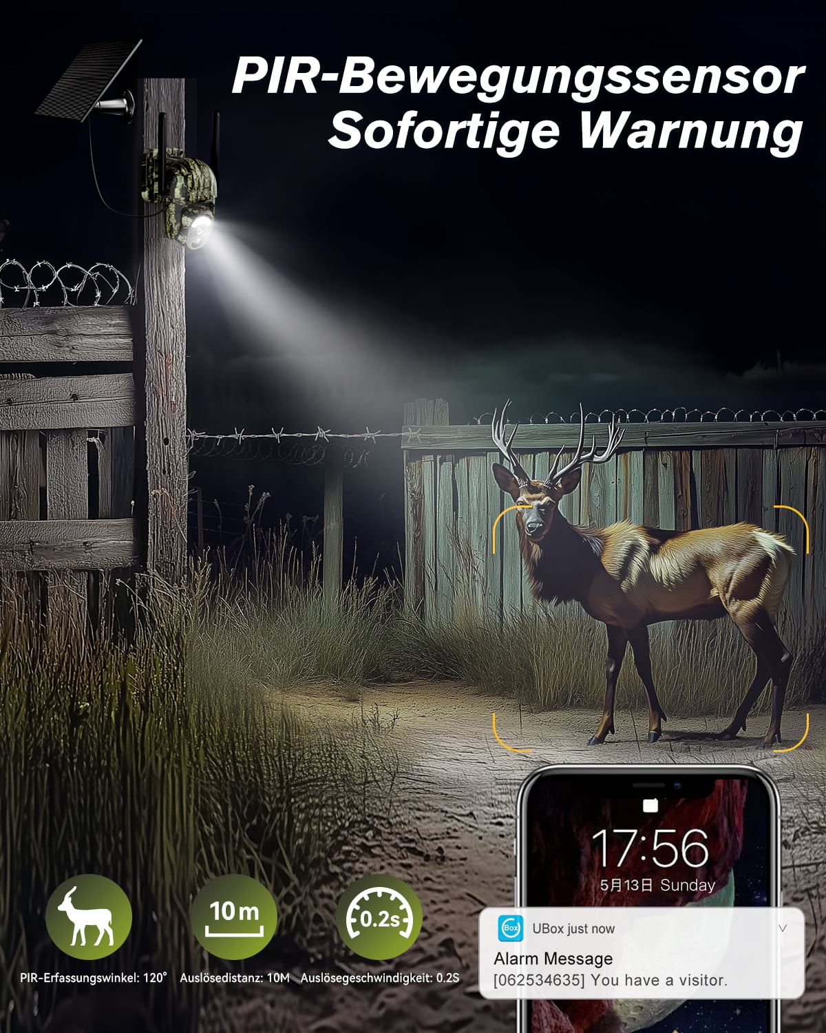 Xega 4G LTE solar trail camera with PIR, 120° angle, 10m range, 0.2s trigger. Shows deer with mobile alert.
