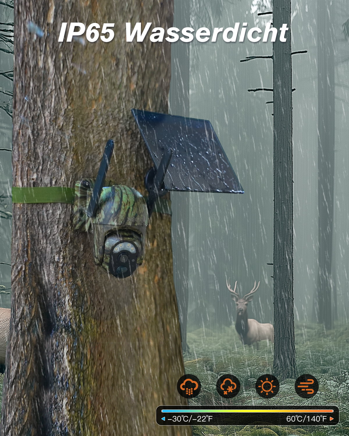 Xega 4G LTE wild camera with solar panel attached to a tree in the rain. Features IP65 waterproof rating.