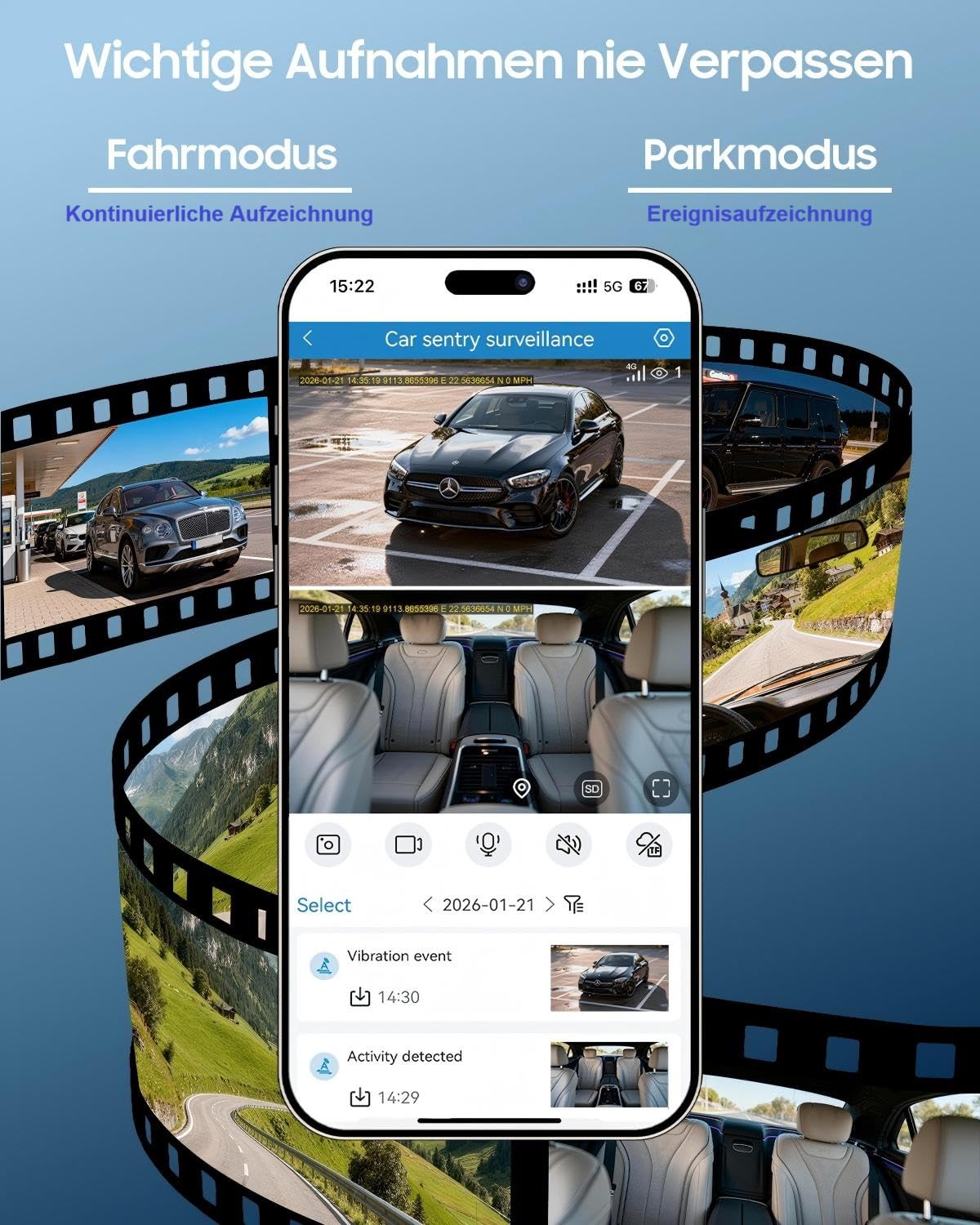 XEGA 2K 4G LTE Dashcam Auto Vorne Hinten mit SIM Karte, Dashcam mit Parküberwachung, App-Zugriff, 2-Wege Talk, Bewegungserkennung, Nachtsicht, GPS, Privater Modus.