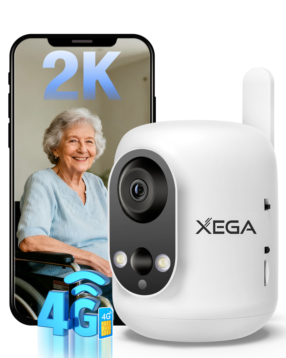 Xega 4G LTE Cámara Vigilancia Interior con Tarjeta SIM, 2K Cámara Inalámbrica sin WiFi para Bebés/Mascotas/Ancianos, 6000mAh Batería, 355°P/60°T, Detección PIR, TF/Cloud ‎No Resistente al Agua