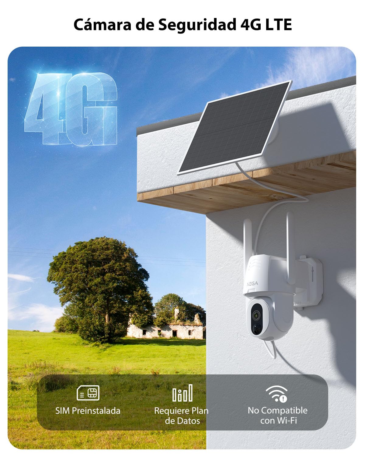 Xega Cámara 4G LTE Solar Exterior con SIM, Detección Humana y Sin WiFi