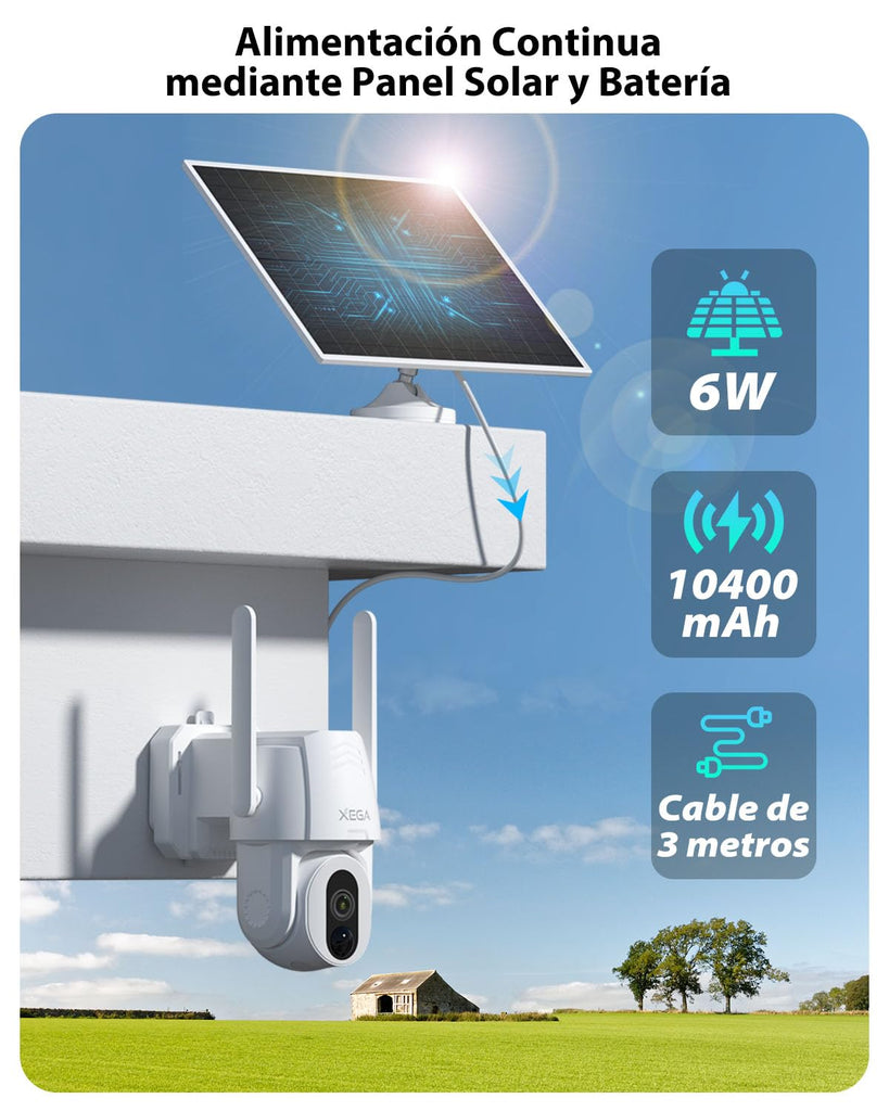 Xega Cámara 4G LTE Solar Exterior con SIM, Detección Humana y Sin WiFi