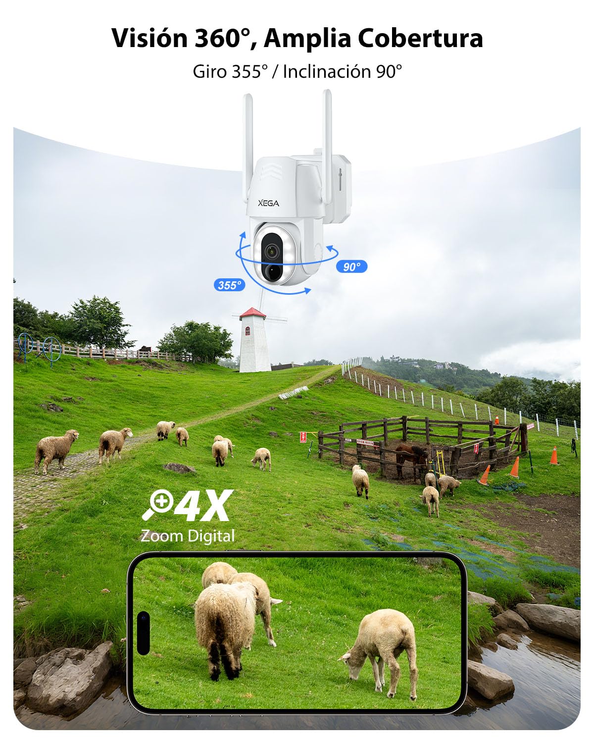 Xega Cámara 4G LTE Solar Exterior con SIM, Detección Humana y Sin WiFi
