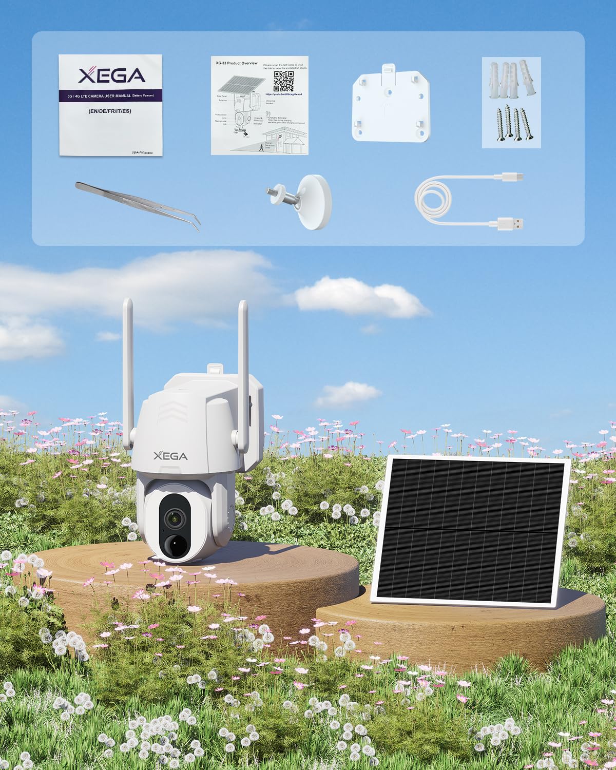 Xega Cámara 4G LTE Solar Exterior con SIM, Detección Humana y Sin WiFi
