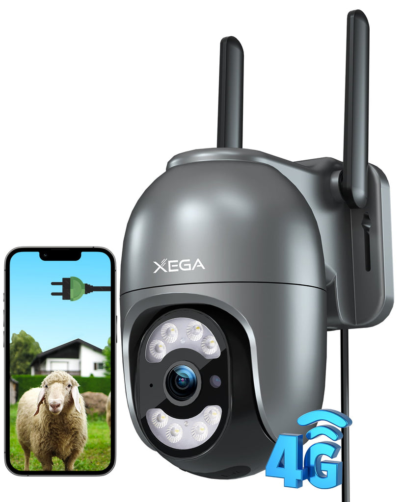 Xega 4G LTE Überwachungskamera 2K HD with a sheep and house displayed on a smartphone screen.