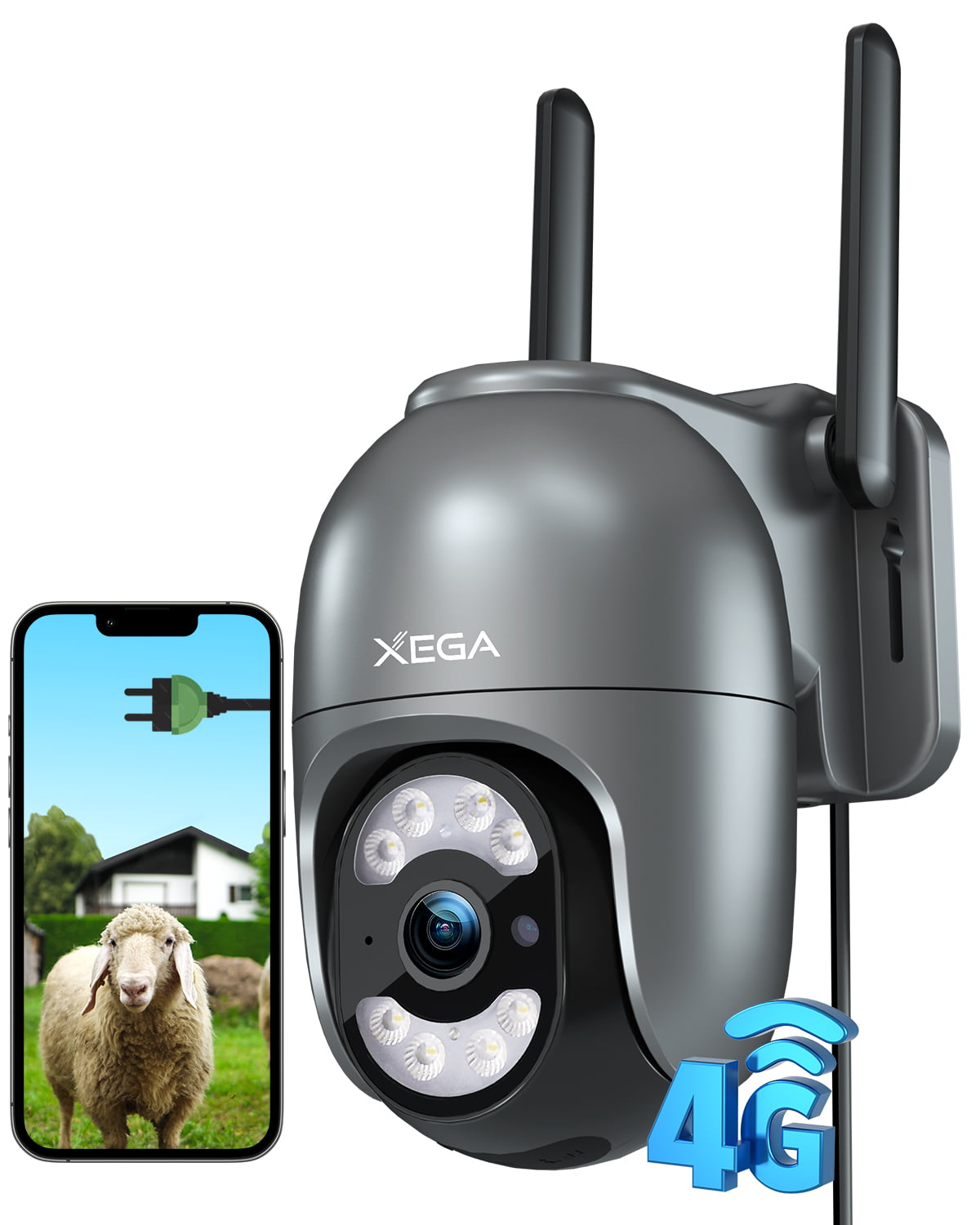 Xega 4G LTE Überwachungskamera 2K HD with a sheep and house displayed on a smartphone screen.