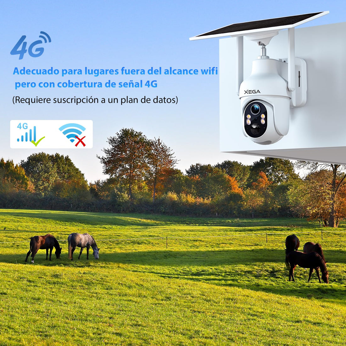 Xega 4G LTE Camara Solar con Tarjeta SIM, 2K HD PTZ Camara Exterior Panel Solar 6W Baterías 10400mAh, Foco y Sirena Visión Nocturna en Color PIR Detección Humana Almacenamiento TF/Cloud IP66