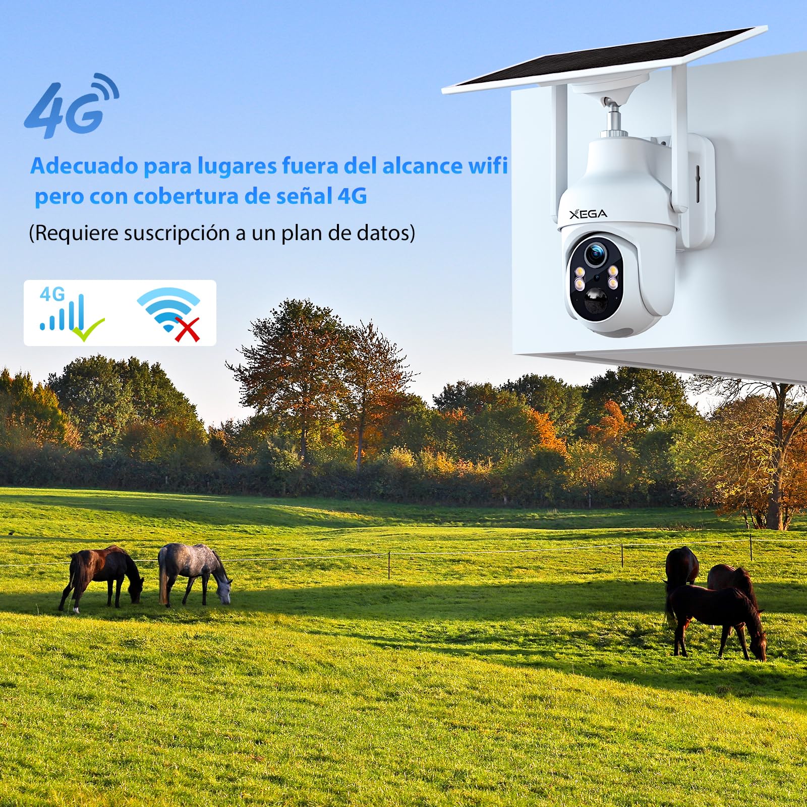 Xega 4G LTE Camara Solar con Tarjeta SIM, 2K HD PTZ Camara Exterior Panel Solar 6W Baterías 10400mAh, Foco y Sirena Visión Nocturna en Color PIR Detección Humana Almacenamiento TF/Cloud IP66