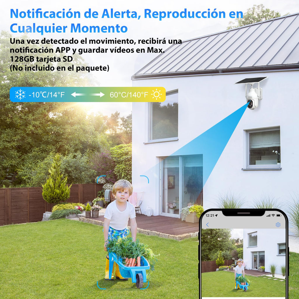 Xega 4G LTE Camara Solar con Tarjeta SIM, 2K HD PTZ Camara Exterior Panel Solar 6W Baterías 10400mAh, Foco y Sirena Visión Nocturna en Color PIR Detección Humana Almacenamiento TF/Cloud IP66