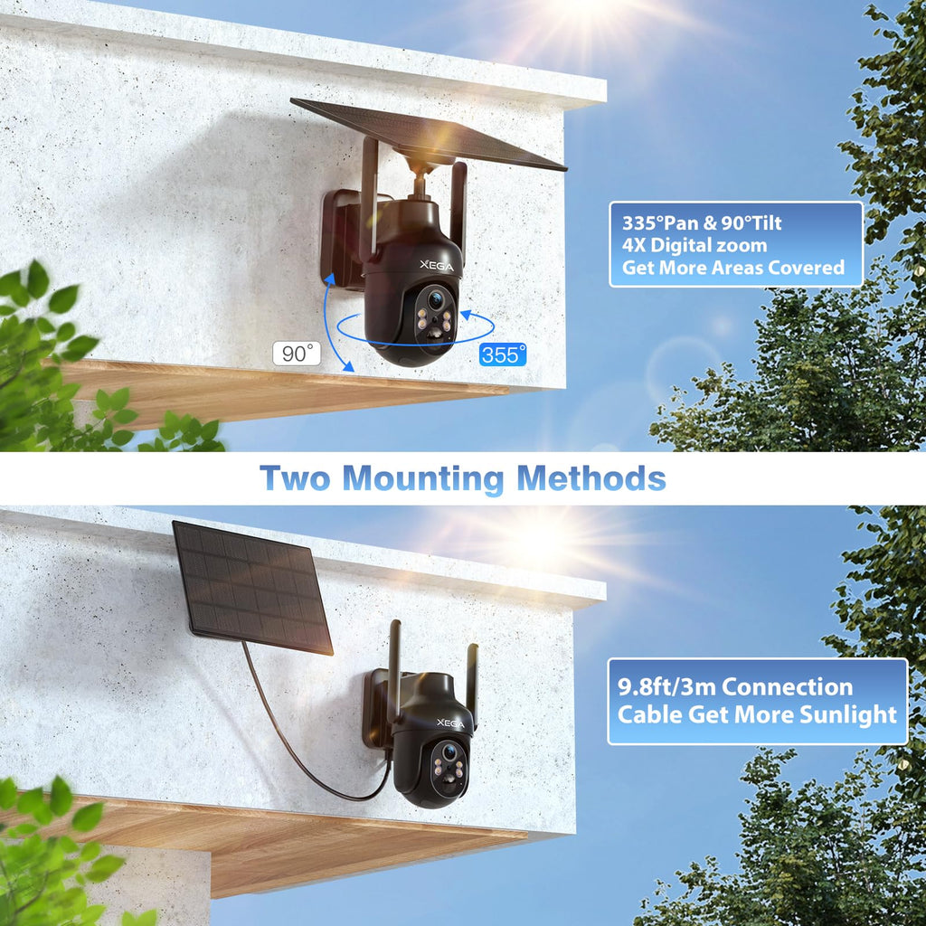 Xega Cámara Vigilancia WiFi Exterior Solar, 2K HD Visión Nocturna en Color, 5200mAh Batería Incorporada, Detección Humana PIR Audio Bidireccional Nube/Tarjeta TF WiFi 2,4 GHz Inalámbrica IP66 [Clase de eficiencia energética A+++]