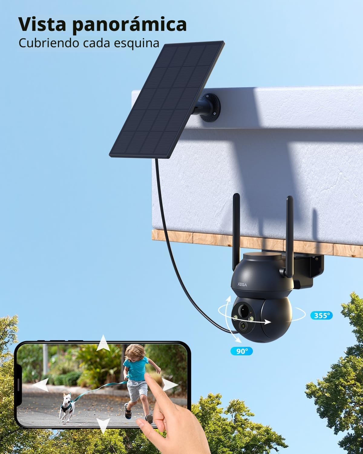 Xega Cámara Vigilancia WiFi Exterior Solar, Batería Incorporada Recargable, 2K HD Visión Nocturna en Color, Detección Humana PIR Audio Bidireccional Nube/Tarjeta TF WiFi 2,4 GHz IP66
