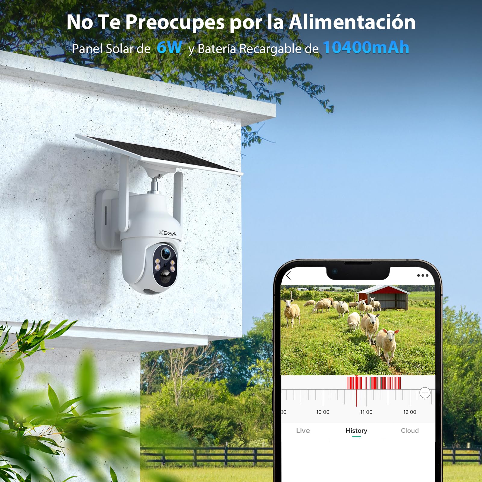 Xega 4G LTE Camara Solar con Tarjeta SIM, 2K HD PTZ Camara Exterior Panel Solar 6W Baterías 10400mAh, Foco y Sirena Visión Nocturna en Color PIR Detección Humana Almacenamiento TF/Cloud IP66