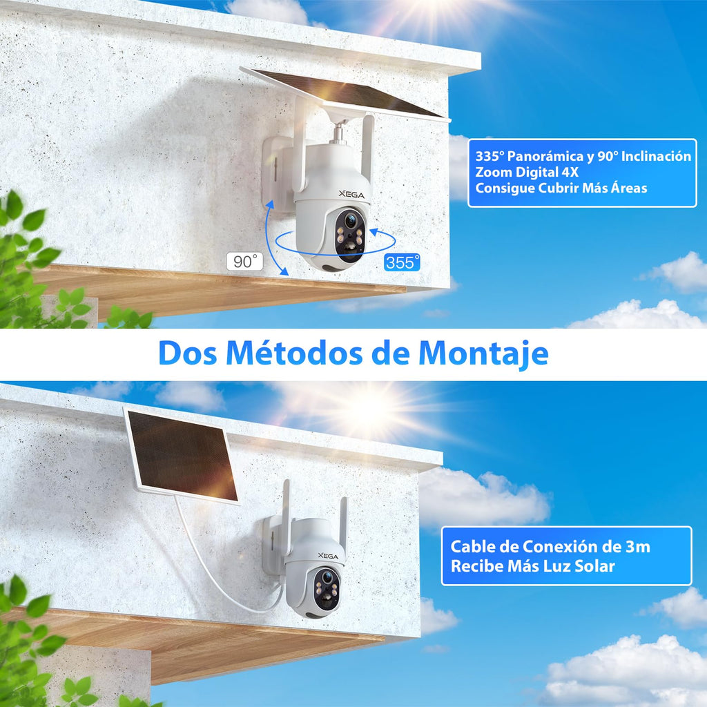 Xega 4G LTE Camara Solar con Tarjeta SIM, 2K HD PTZ Camara Exterior Panel Solar 6W Baterías 10400mAh, Foco y Sirena Visión Nocturna en Color PIR Detección Humana Almacenamiento TF/Cloud IP66