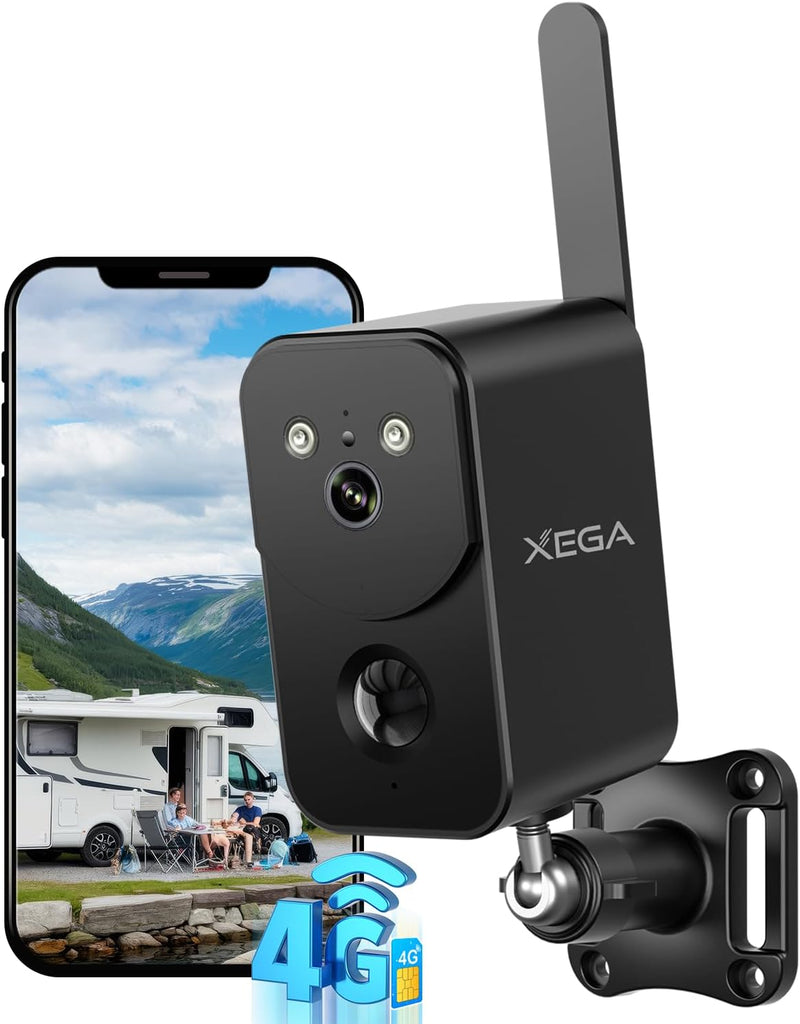 Xega 4G WLAN Überwachungskamera mit SIM-Karte und 10000mAh Akku – Kabellos & Tragbar. Schwarz, wandmontierbar mit Antenne.