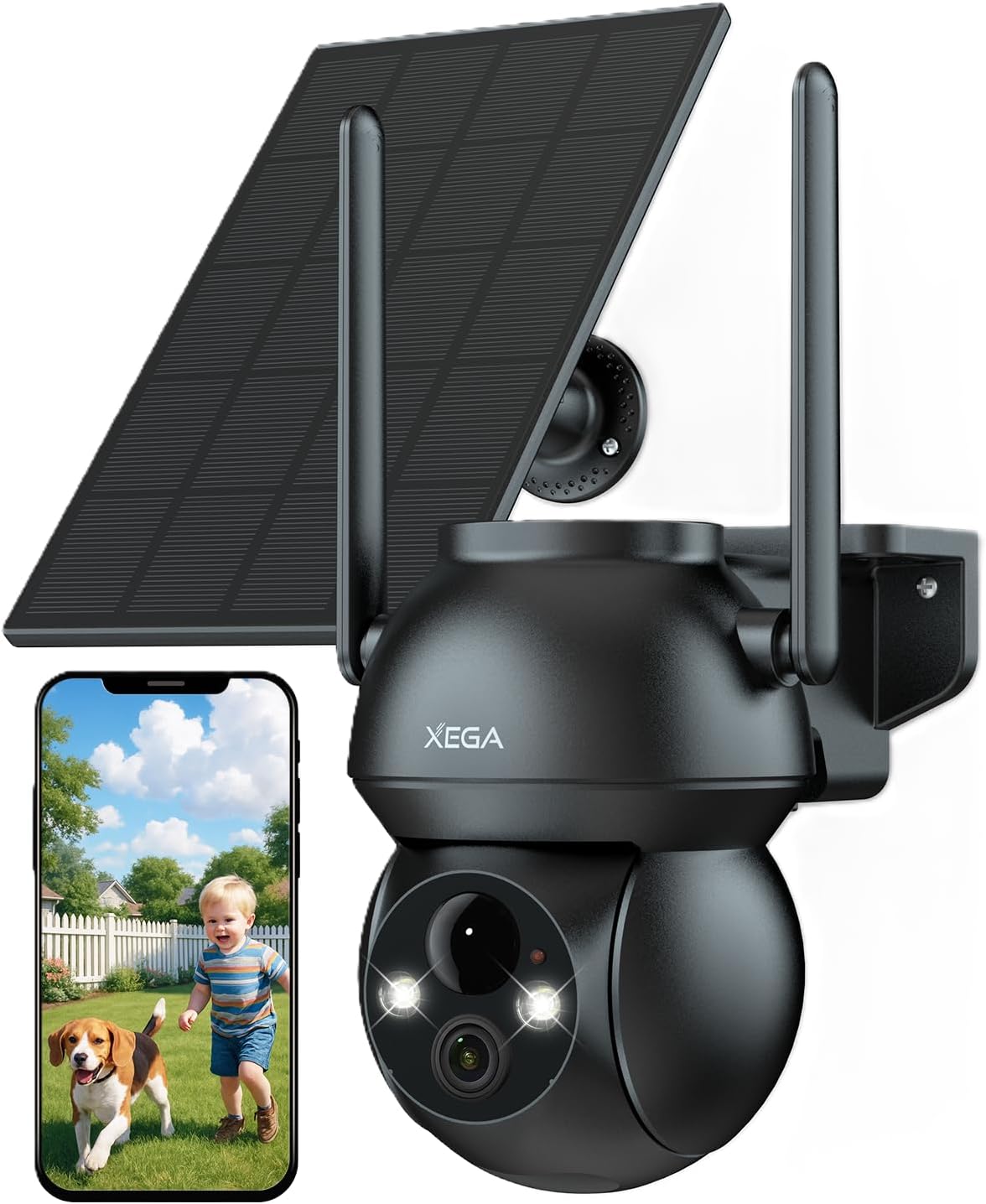 Xega Solar-Sicherheitskamera für Außen mit Live-Smartphone-Ansicht von Kind und Hund.