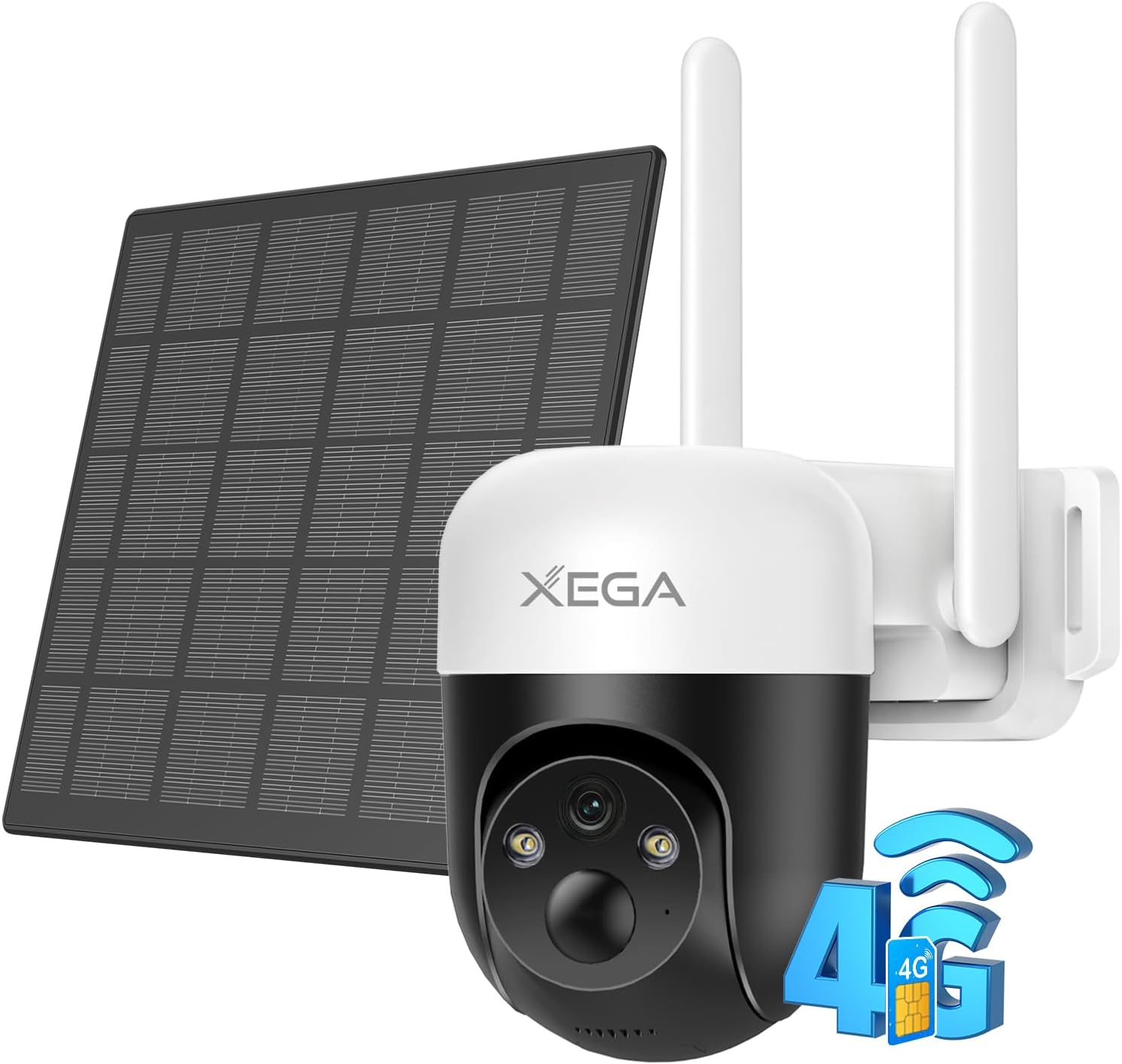 Xega 4G LTE Solar Überwachungskamera mit 5W Solarpanel und 4G/SIM-Karten-Symbol.