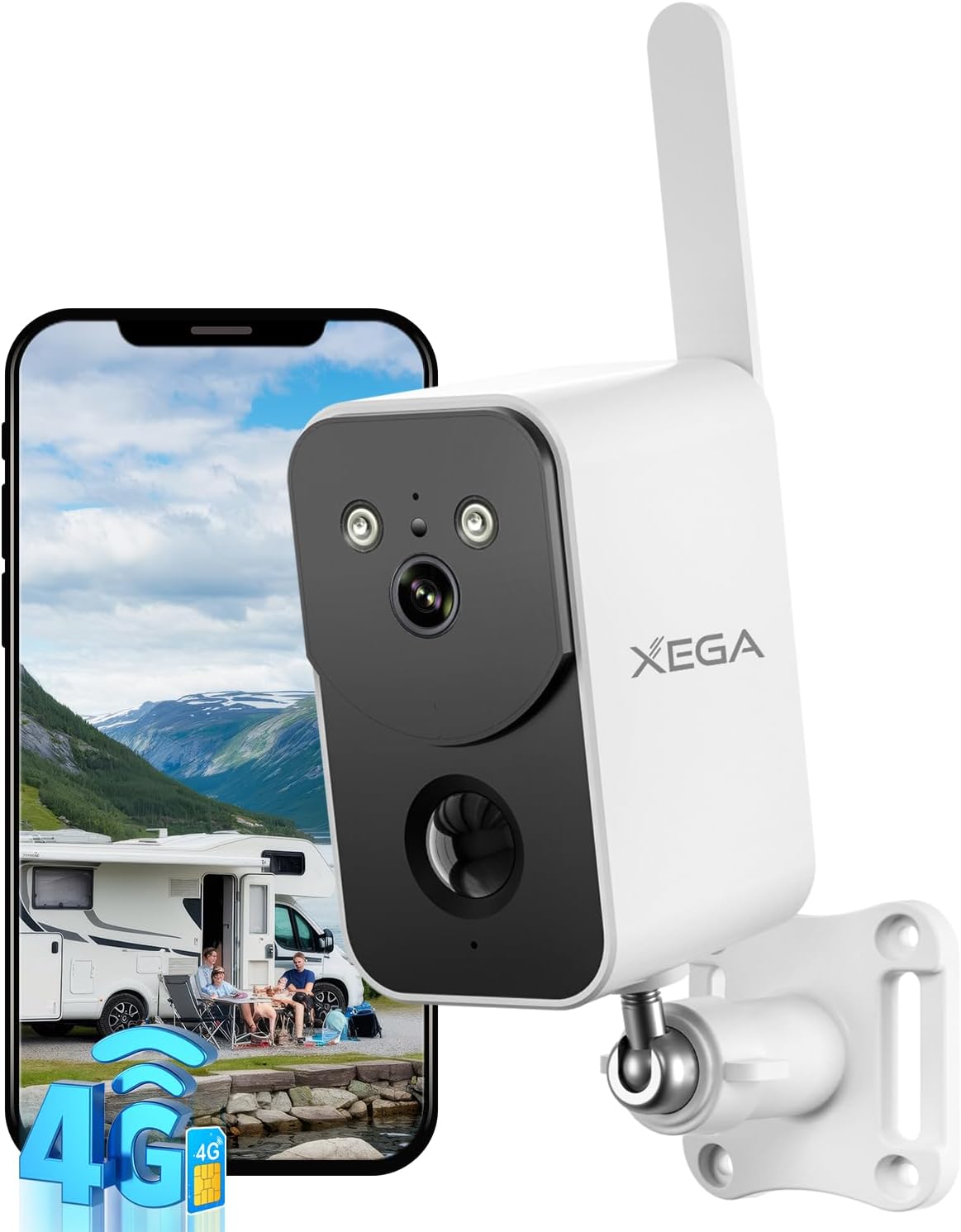 Xega Cámara de Vigilancia 4G LTE con Tarjeta SIM 10000mAh Batería,Portátil Sin Cable para Exterior Interior Visión Nocturna en Color Proyector Sirena Alerta Instantánea por App Impermeable【Sin WiFi】