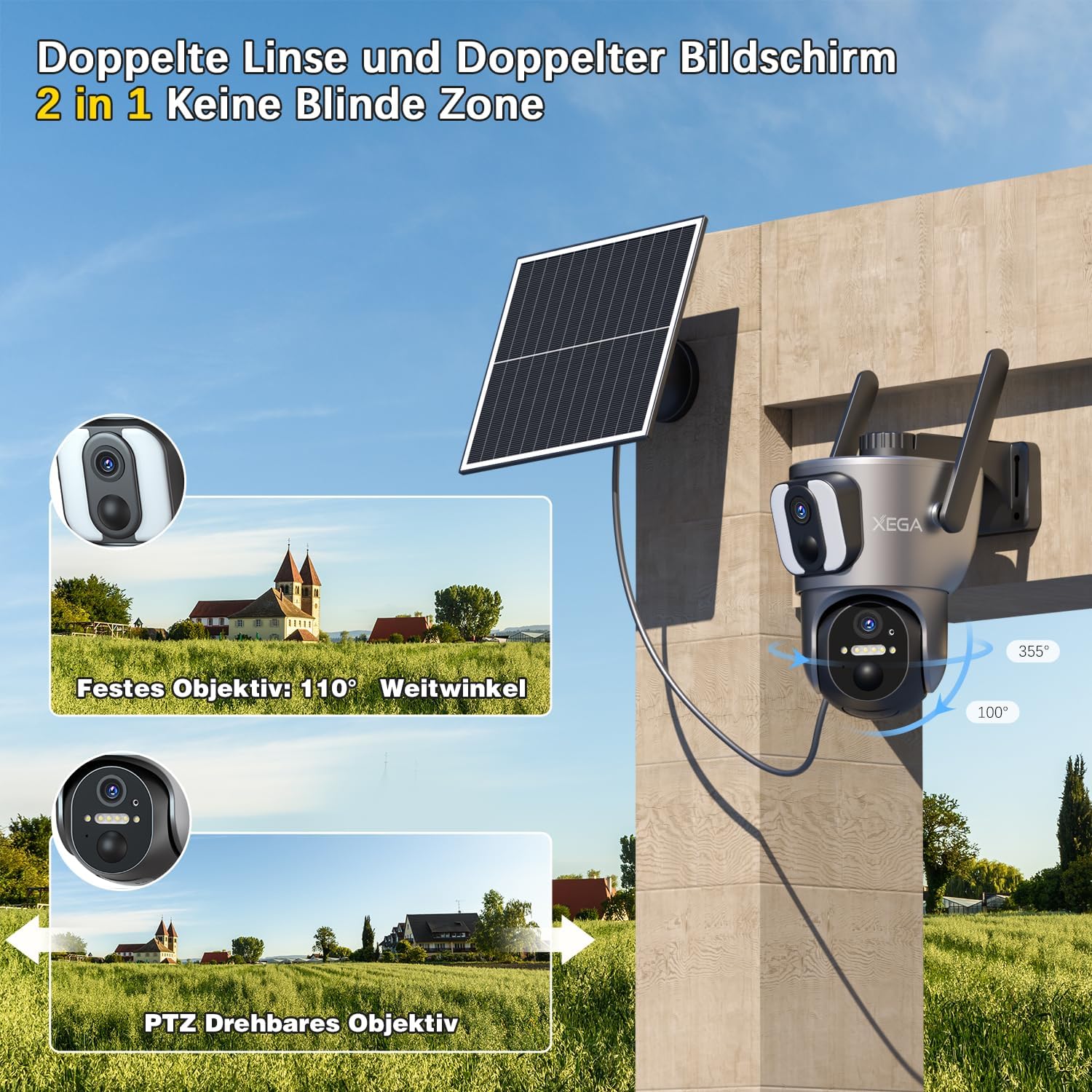 Xega 4G LTE Doppellinsen-Solarkamera. Zeigt Weitwinkel- &amp; PTZ-Doppelansicht für lückenlose Außenüberwachung.