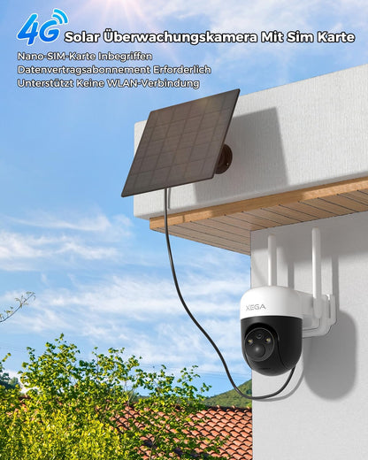 Xega 4G solar camera with SIM, no WiFi. White/black camera, solar panel. Outdoor setup.