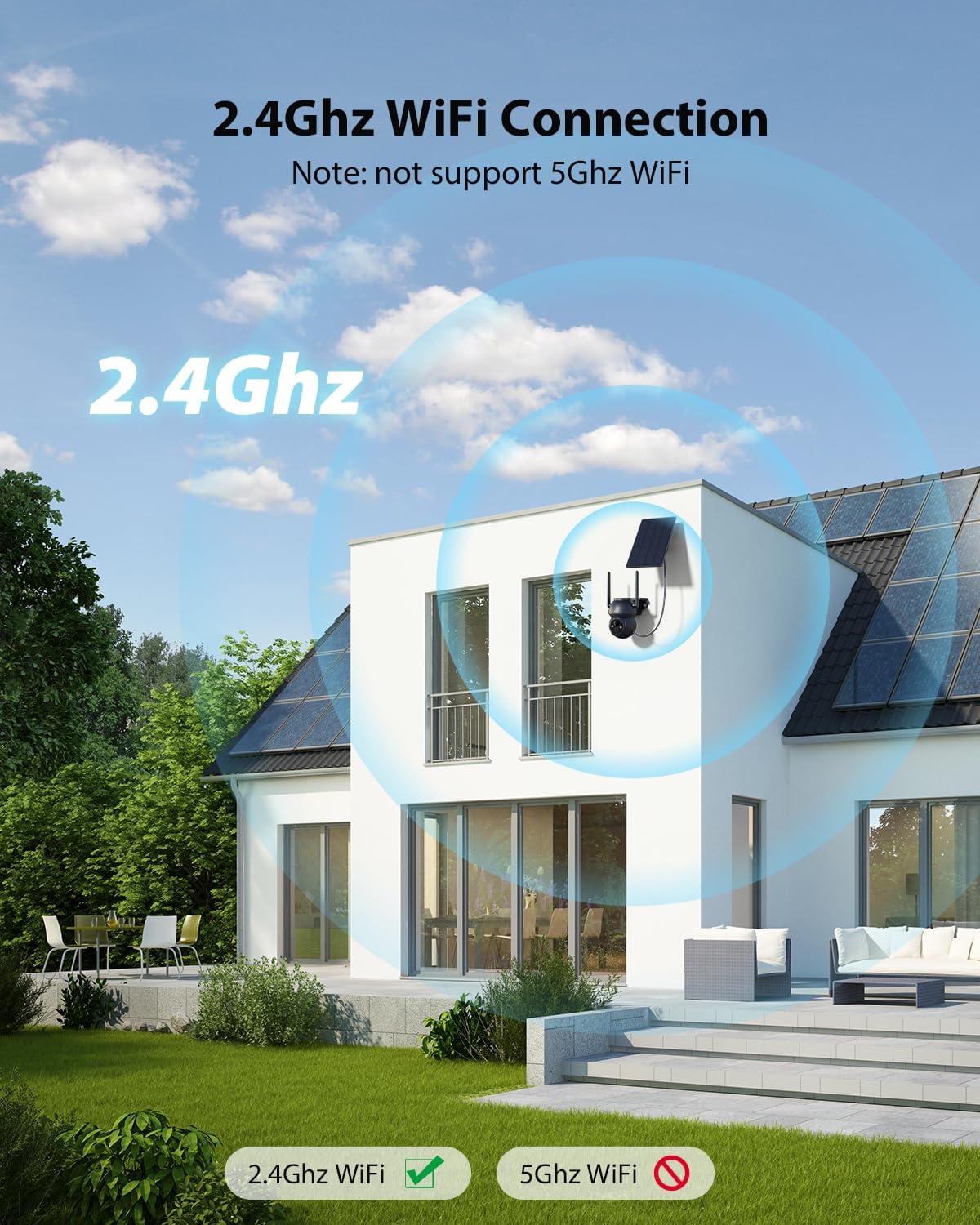 Xega WLAN Solarbetriebene Überwachungskamera mit 2.4GHz WiFi-Verbindung für Außenbereich