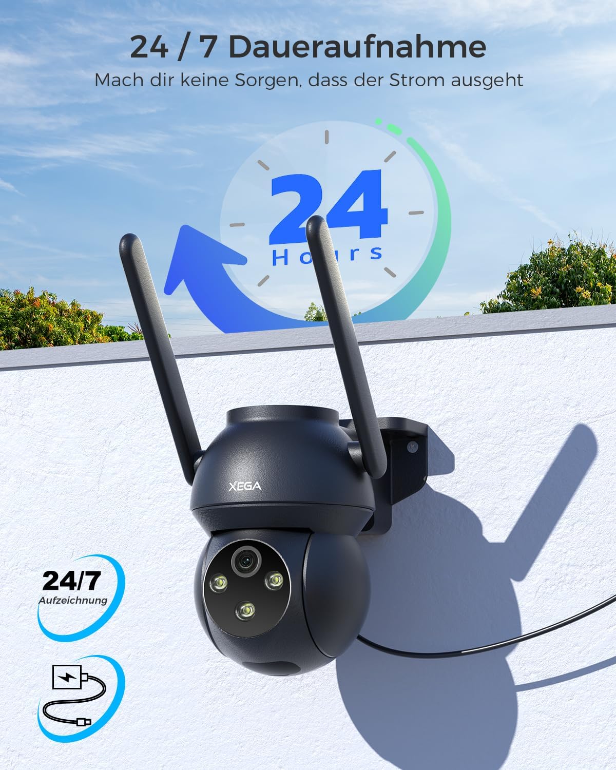 Xega 4G outdoor camera with continuous 24/7 recording, 2K HD, night vision, and AI detection.