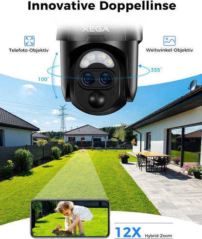Xega dual-lens outdoor camera: 12x zoom, 100/355° views. Shows backyard &amp; child/rabbit on phone.