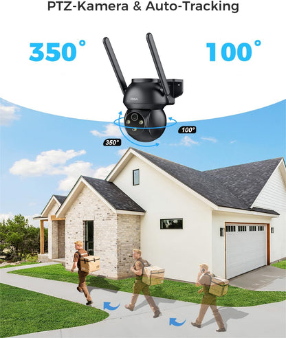 Xega 4G PTZ camera: 350° pan, 100° tilt, auto-tracking a delivery person. Modern house backdrop.