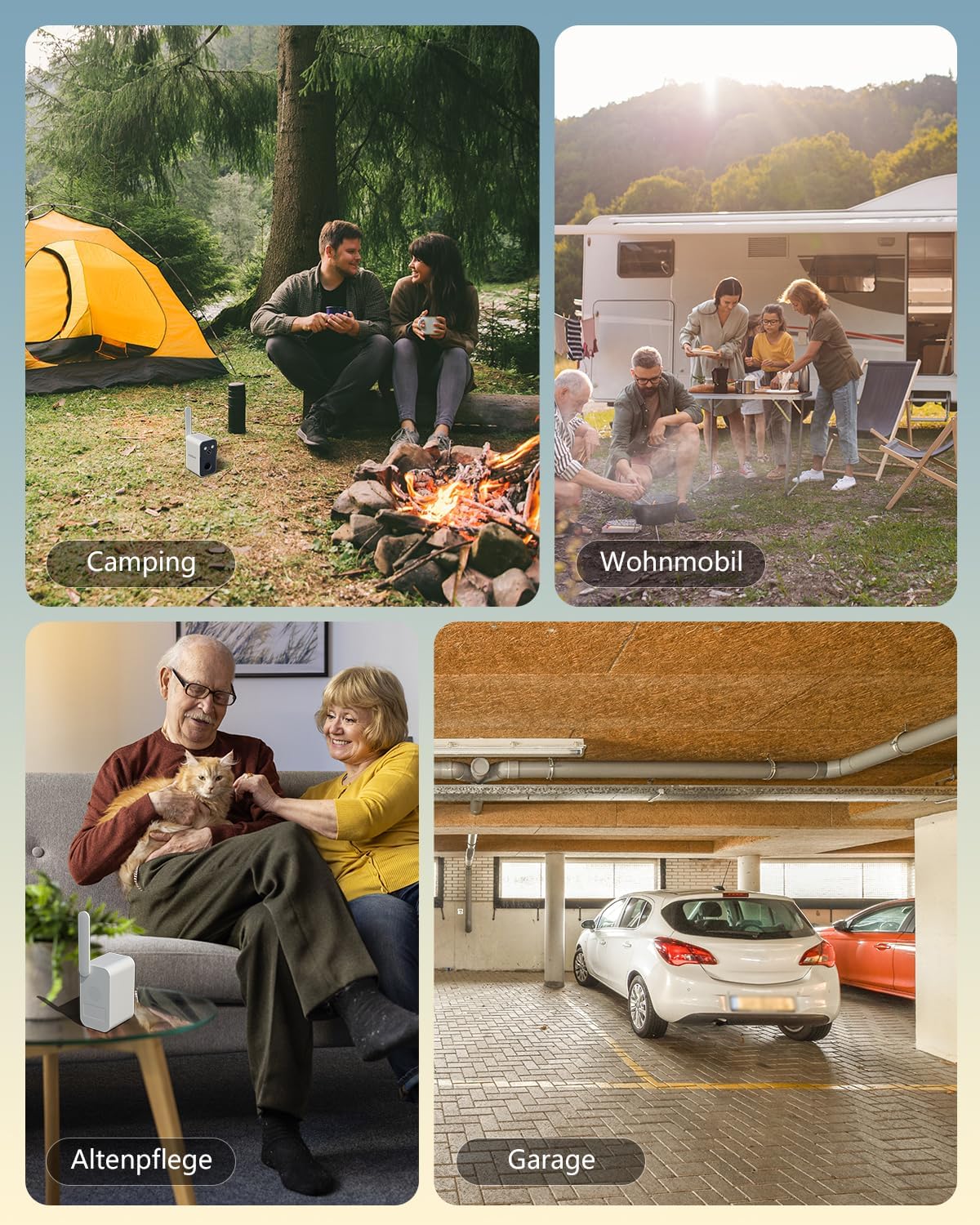 Xega 4G Überwachungskamera with SIM card shown in various settings: camping, RV, home care, and garage.