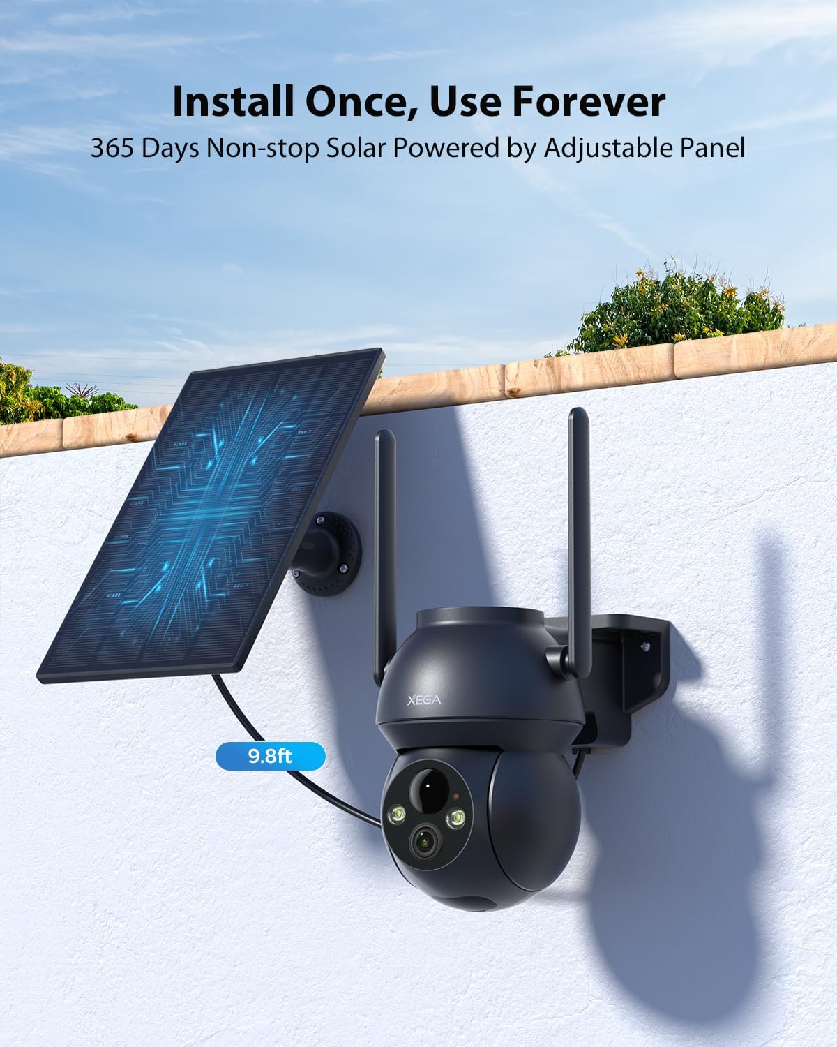 Xega solar-powered security camera mounted on a wall with an adjustable solar panel, displaying "9.8ft" cable length.
