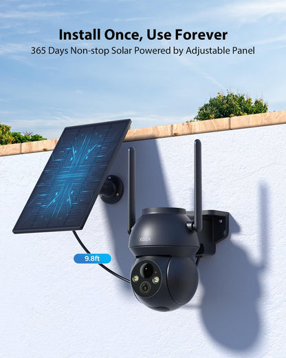 Xega solar-powered security camera mounted on a wall with an adjustable solar panel, displaying "9.8ft" cable length.