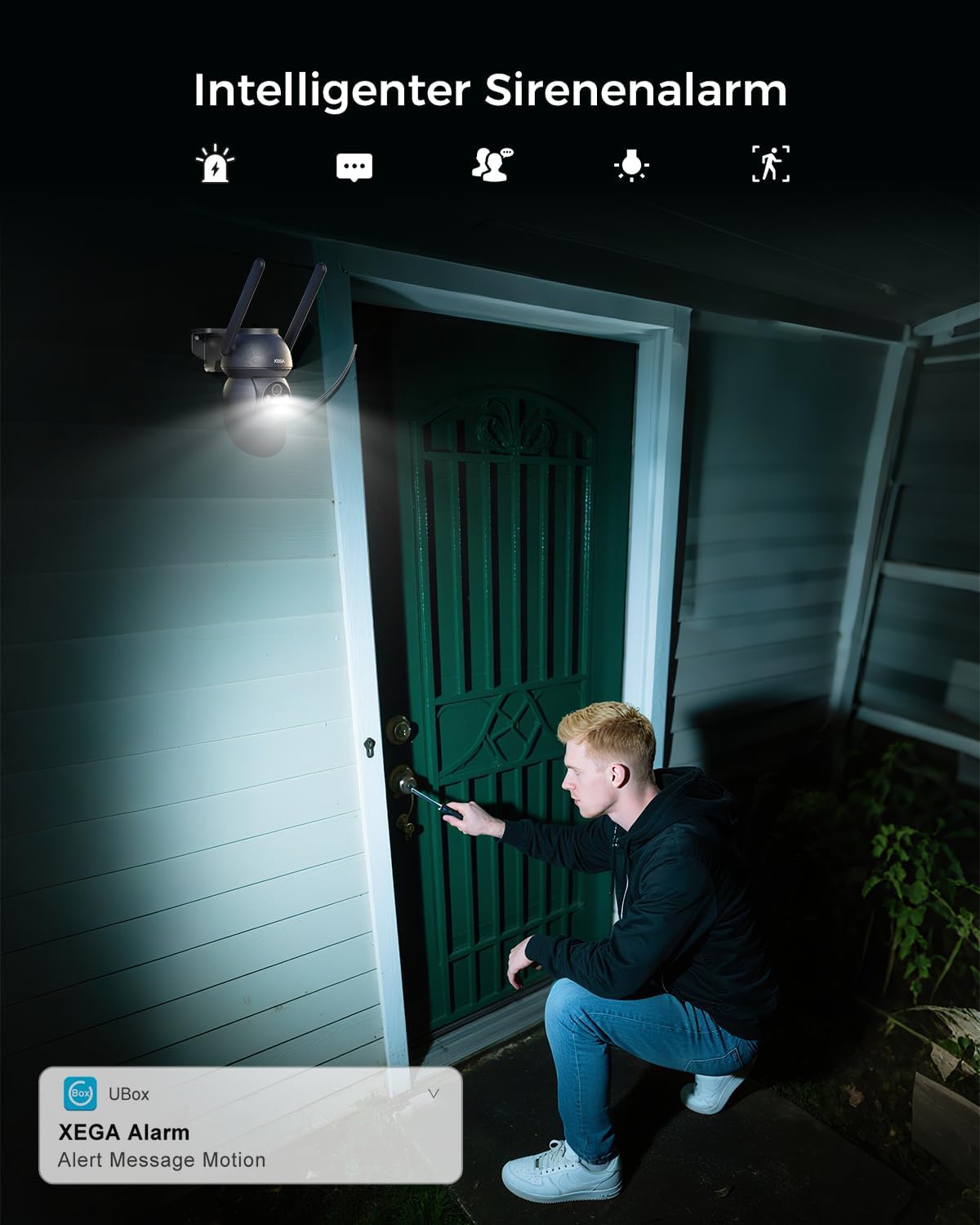 Xega 4G outdoor camera detects a person attempting to open a green door, triggering a motion alert on the UBox app.