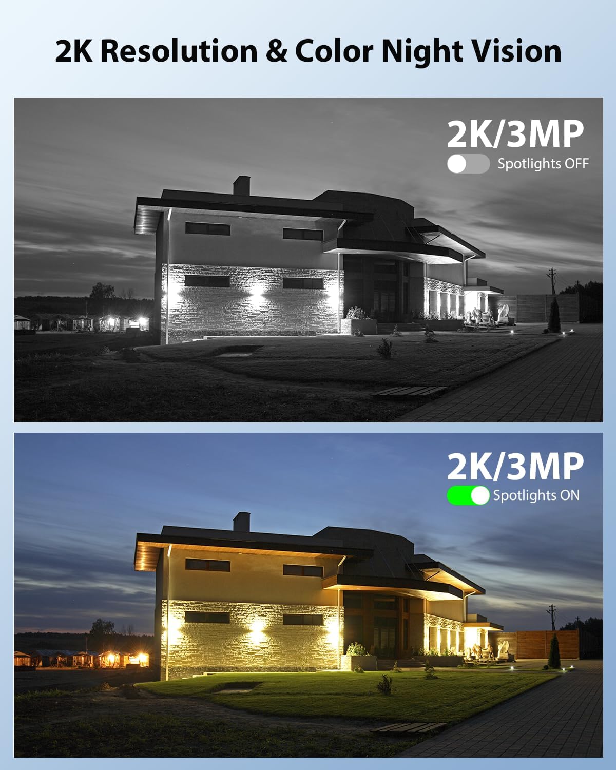 Xega solar-powered camera: 2K resolution in color night vision with spotlights on or off, showing a modern house exterior.