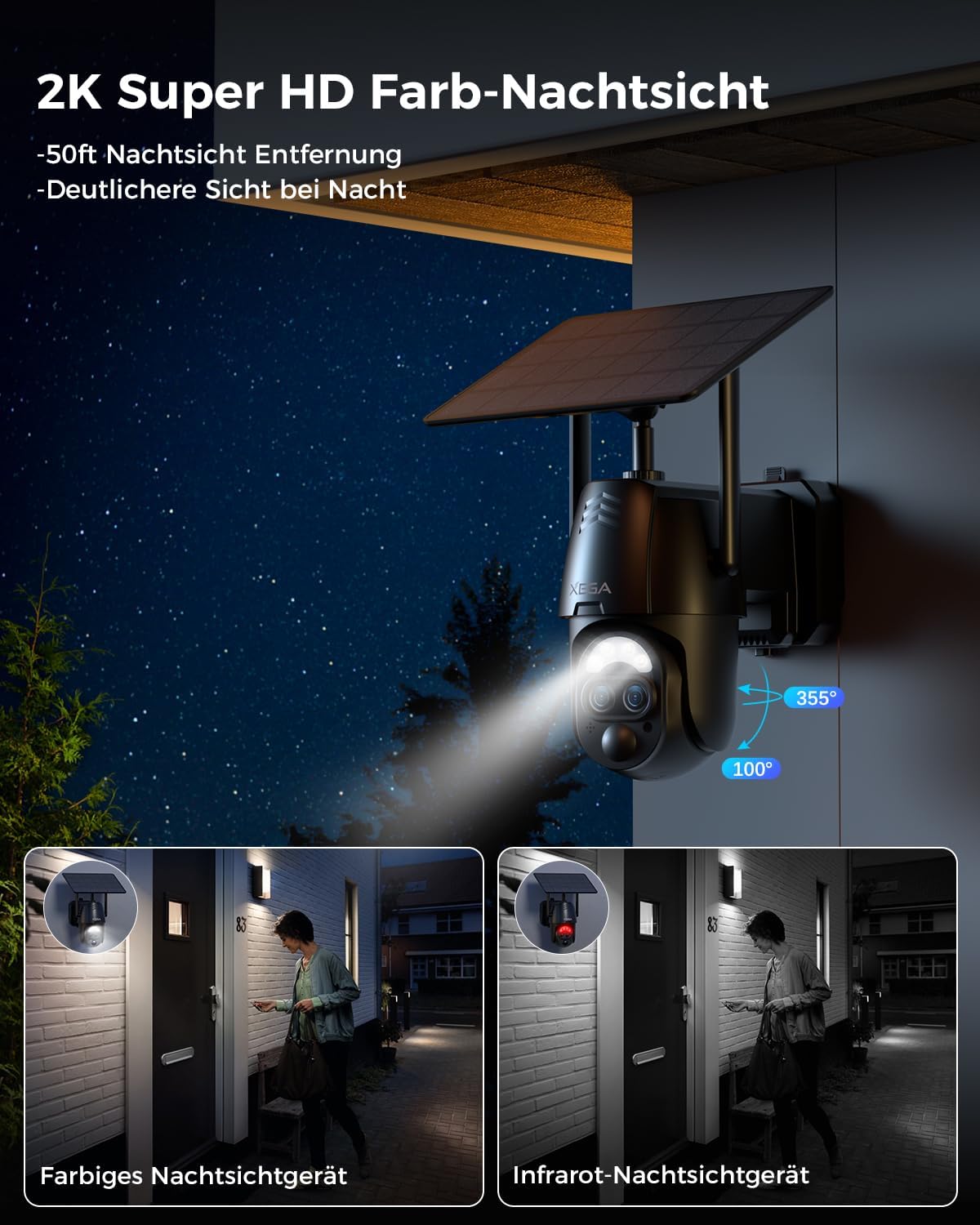 Xega 2K Überwachungskamera mit Farb-Nachtsicht, 355°/100° Schwenk-/Neigefunktion und 50ft Sichtweite bei Nacht.