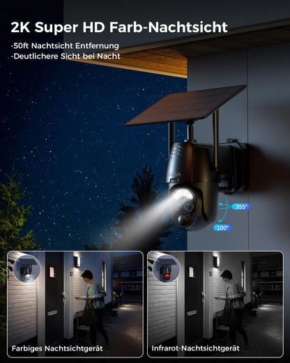 Xega 2K Überwachungskamera mit Farb-Nachtsicht, 355°/100° Schwenk-/Neigefunktion und 50ft Sichtweite bei Nacht.
